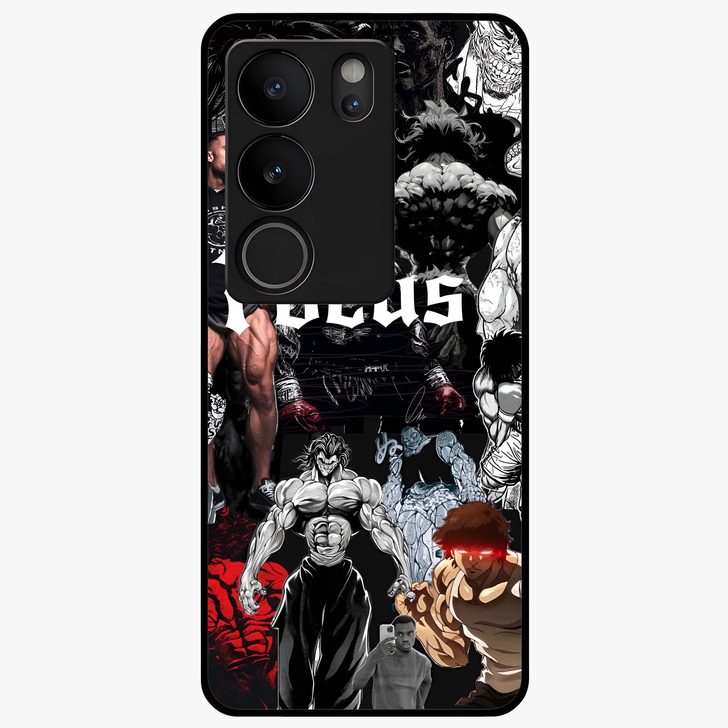 Relentless Power Focus Glass Case showing flat back view with motivational typography artwork and glossy glass finish.