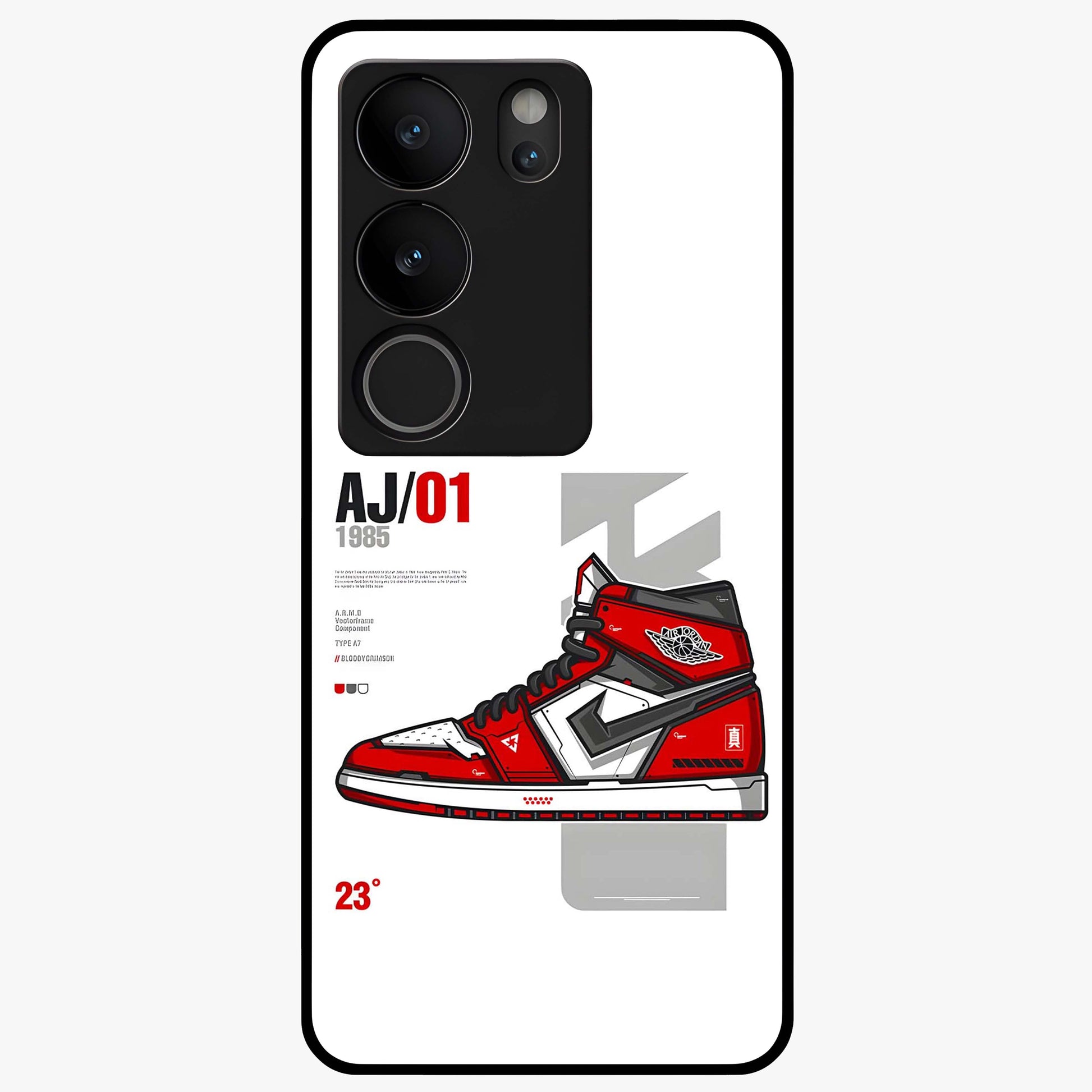 Retro Sneaker Blueprint Glass Case showing flat back view with sneaker blueprint style artwork and glossy glass finish.