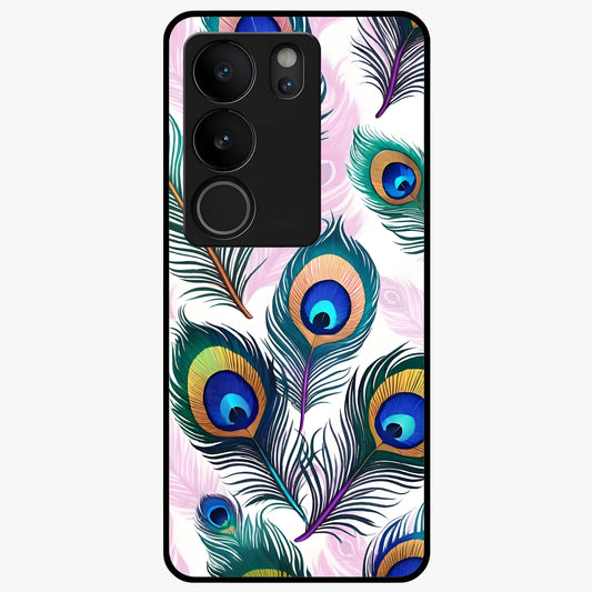 Royal Peacock Feathers Glass Case showing flat back view with colorful peacock feather artwork and glossy glass finish.