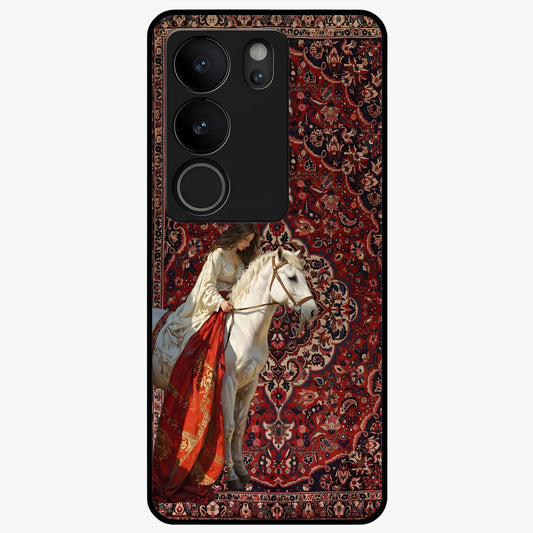 Royal Rider Tapestry Glass Case showing flat back view with majestic horse rider tapestry artwork and glossy glass finish.
