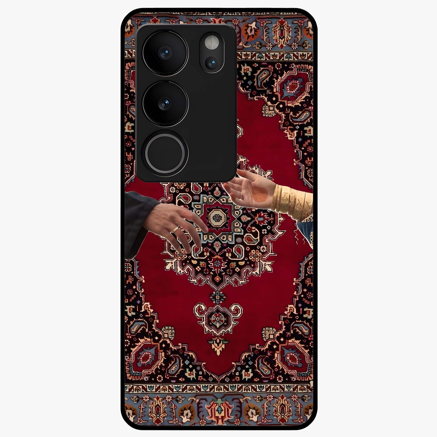 Royal Touch Reach Glass Case showing flat back view with elegant royal themed artwork and glossy glass finish.