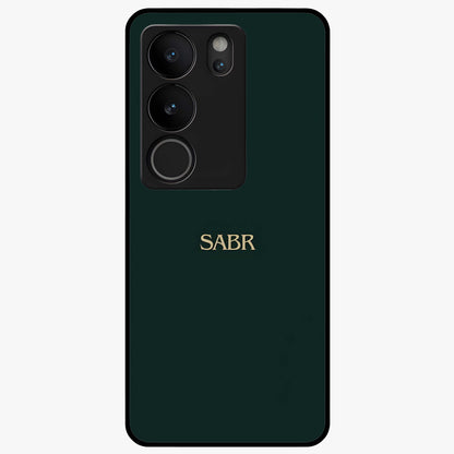 Sabr Minimal Patience Glass Case showing flat back view with minimalist typography artwork and glossy glass finish.