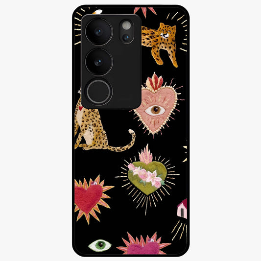 Sacred Jungle Heart Glass Case showing flat back view with jungle inspired heart artwork and glossy glass finish.