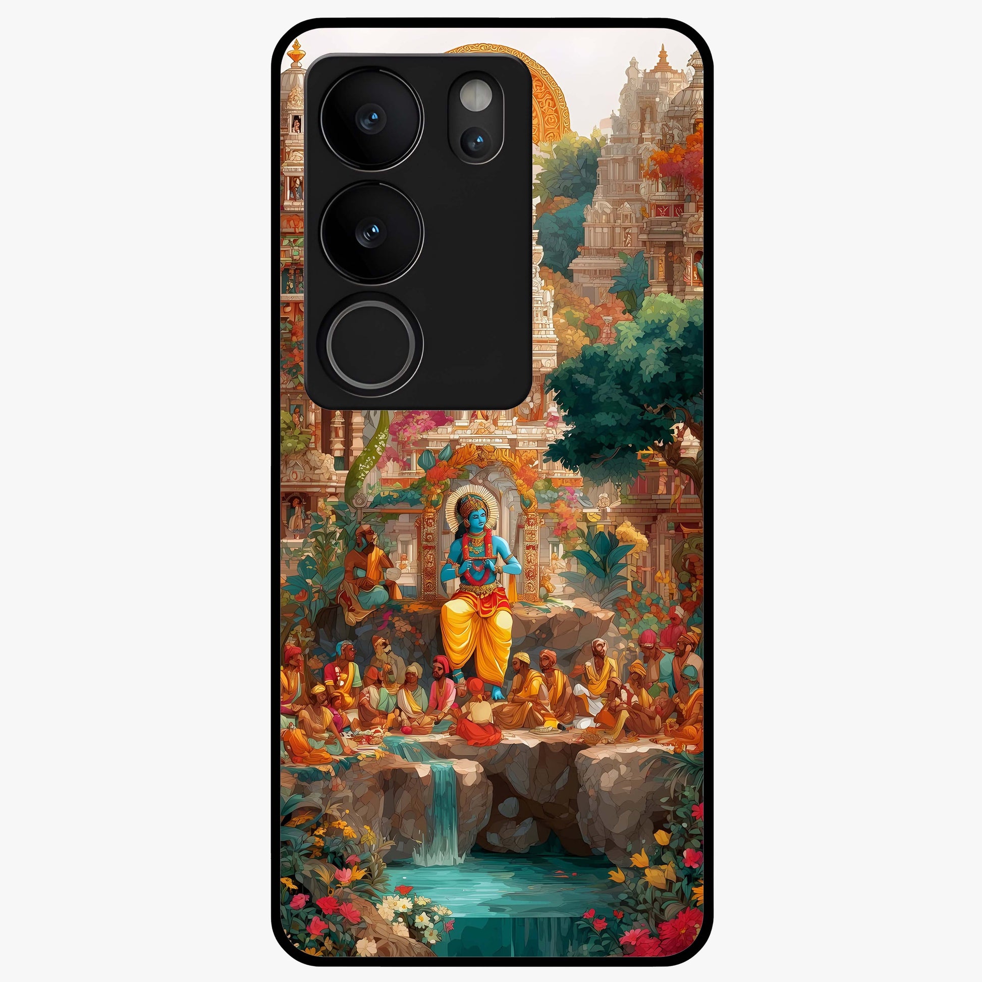 Sacred Sunlight Gods Glass Case showing flat back view with divine sunlight themed artwork and glossy glass finish.