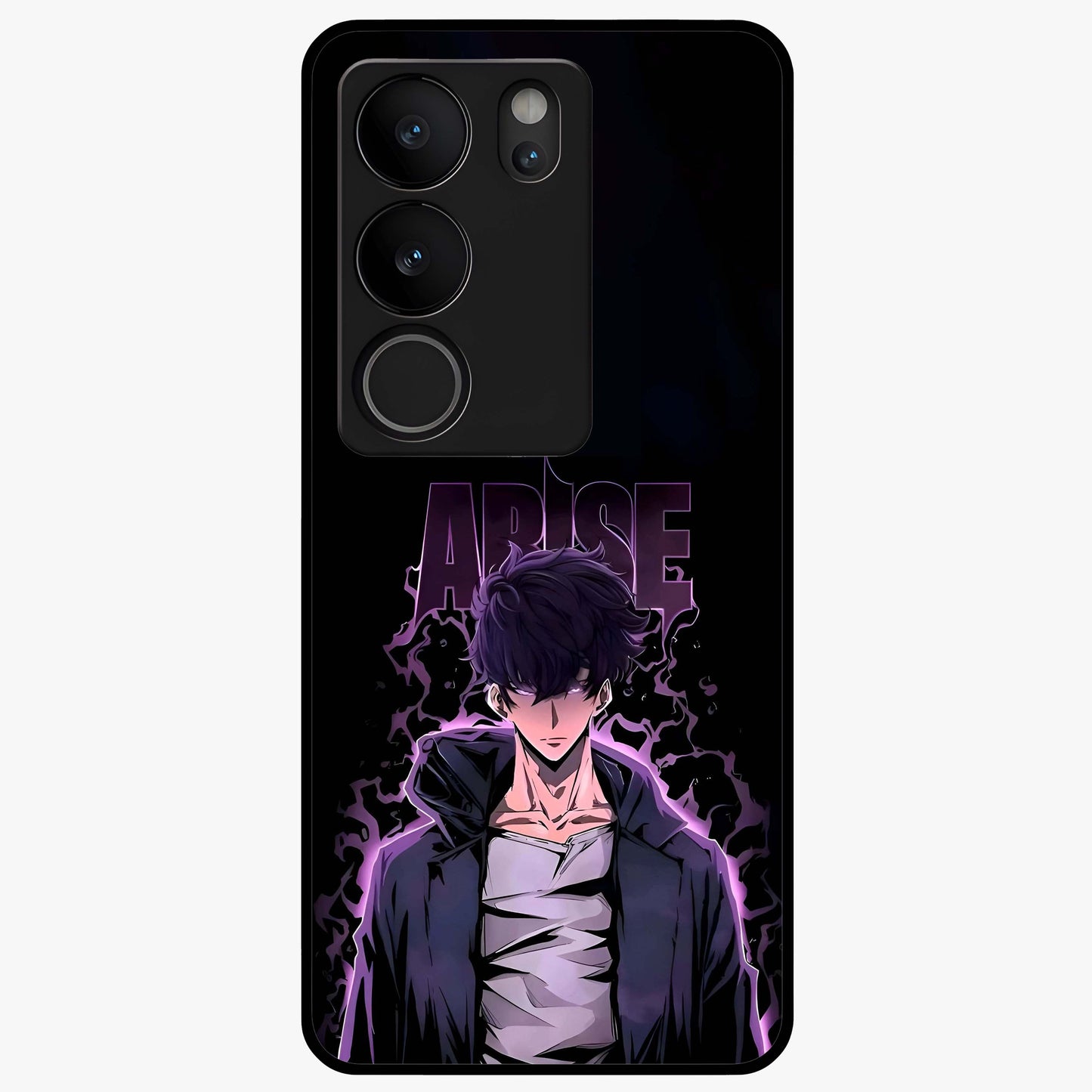 Shadow Monarch Awakening Glass Case showing flat back view with powerful dark monarch themed artwork and glossy glass finish.