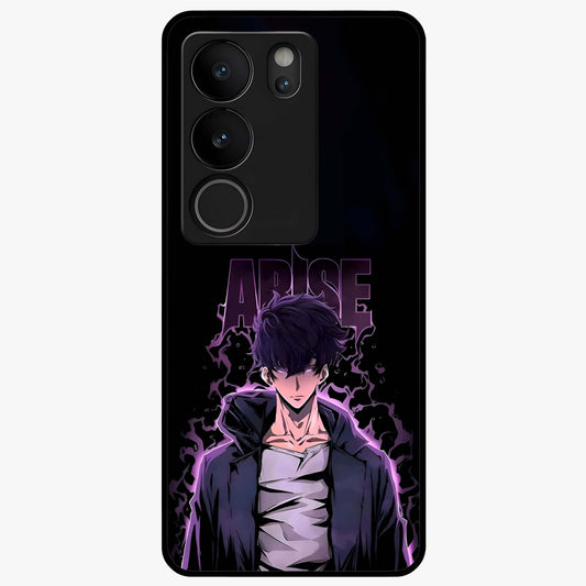 Shadow Monarch Awakening Glass Case showing flat back view with powerful dark monarch themed artwork and glossy glass finish.