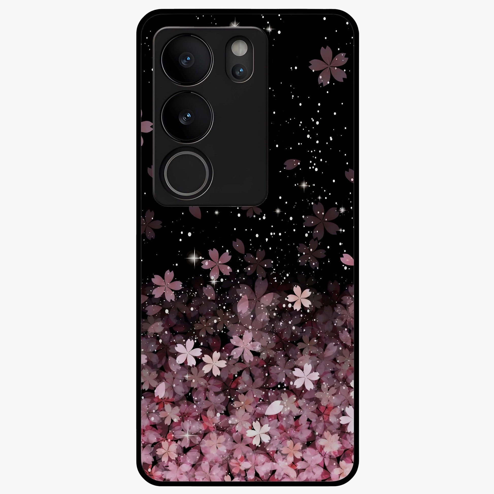 Small Starry Flowers Glass Case showing flat back view with delicate starry floral artwork and glossy glass finish.