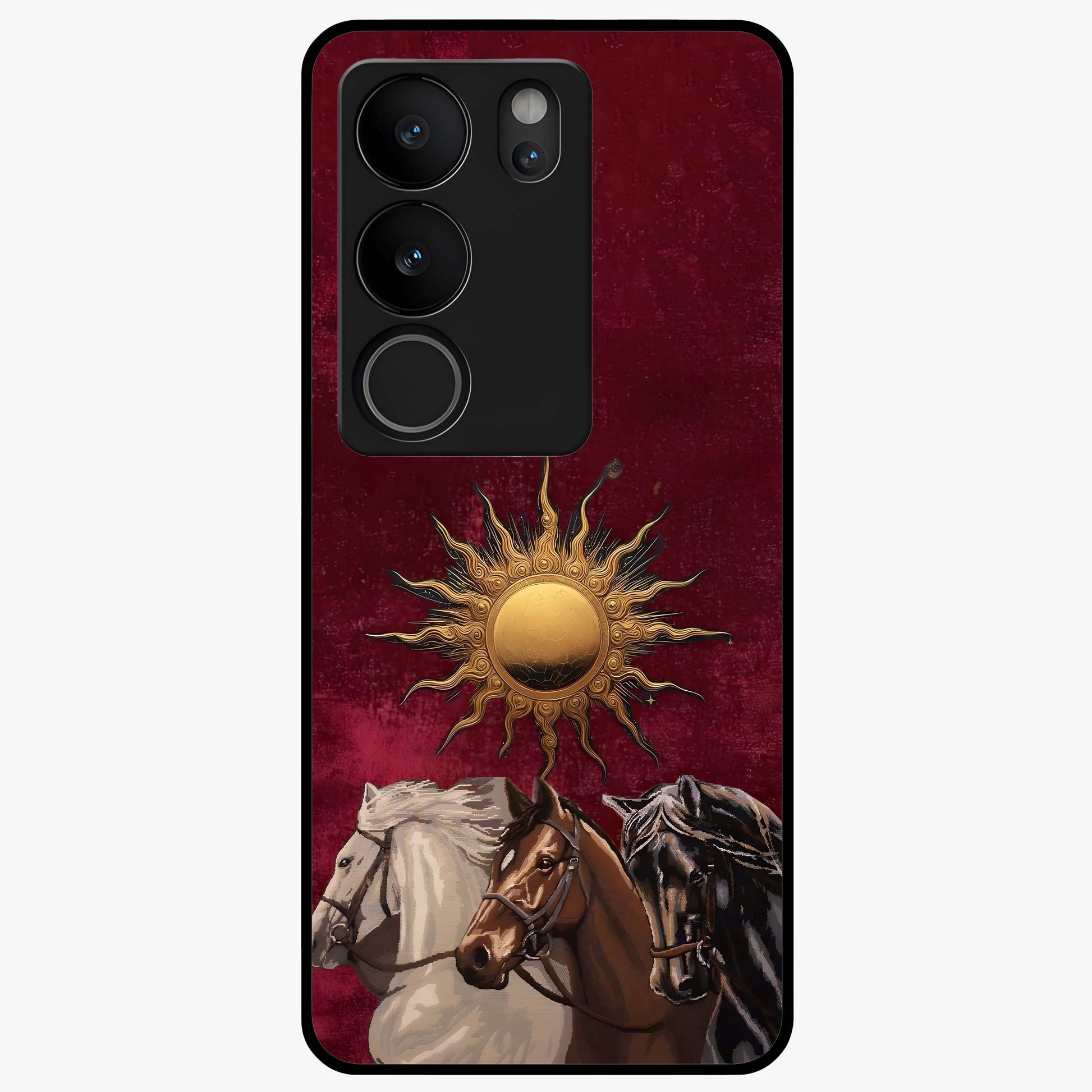 Solar Riders Glass Case showing flat back view with dynamic rider themed artwork and glossy glass finish.