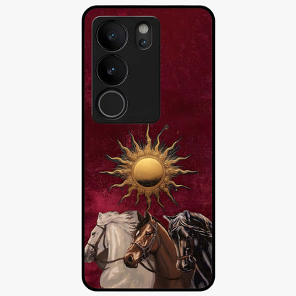 Solar Riders Glass Case showing flat back view with dynamic rider themed artwork and glossy glass finish.