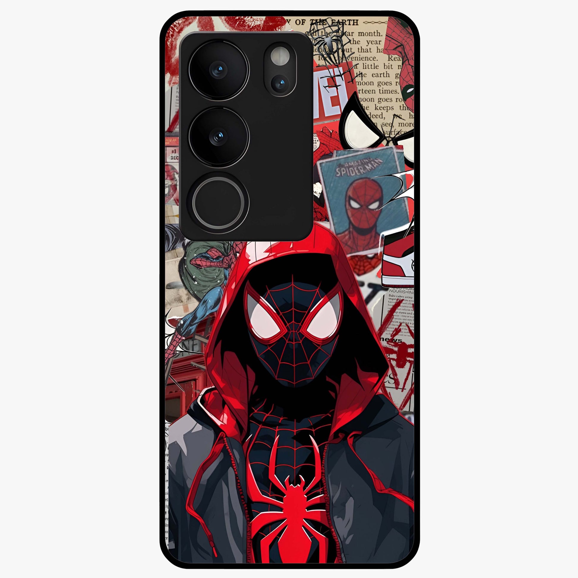 Spider Collage Street Glass Case showing flat back view with vibrant superhero collage artwork and glossy glass finish.
