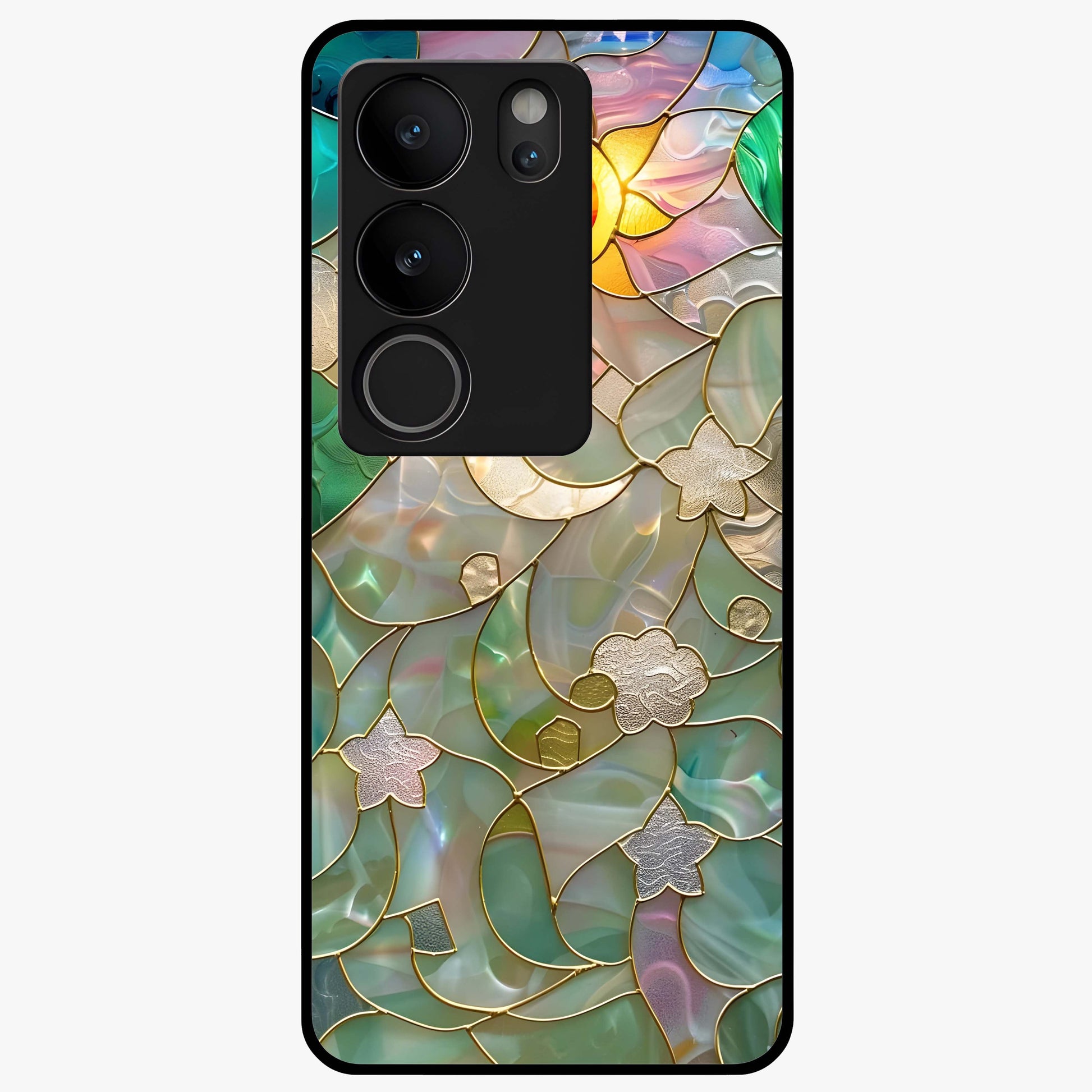 Stained Sunrise Glow Glass Case showing flat back view with glowing sunrise stained pattern artwork and glossy glass finish.