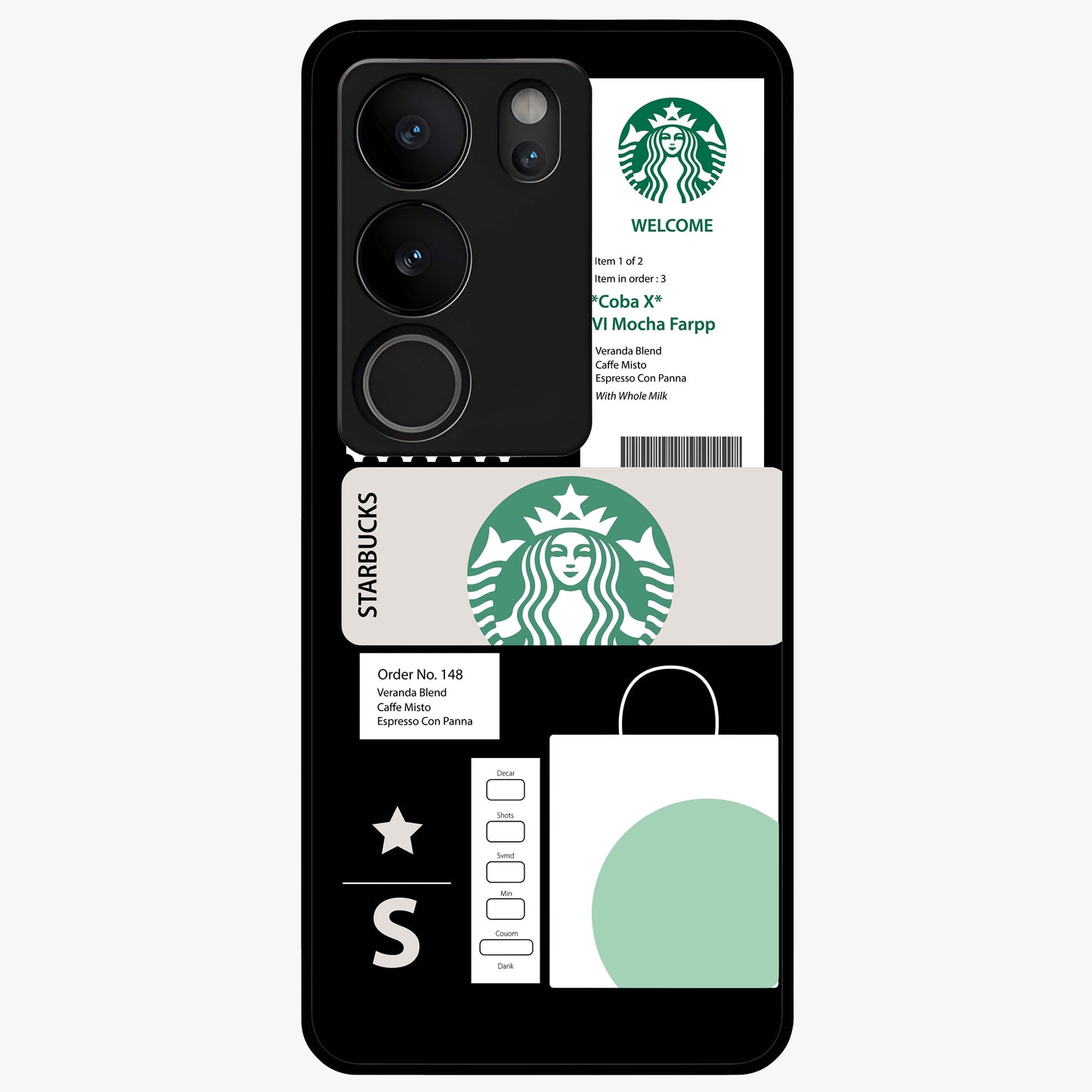 Starbucks Mocha Glass Case showing flat back view with coffee inspired artwork and glossy glass finish.