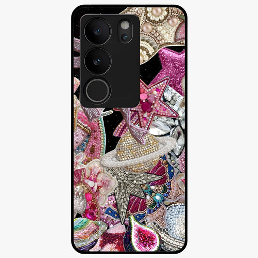 Starlit Jewel Dream Glass Case showing flat back view with sparkling jewel and star themed artwork and glossy glass finish.