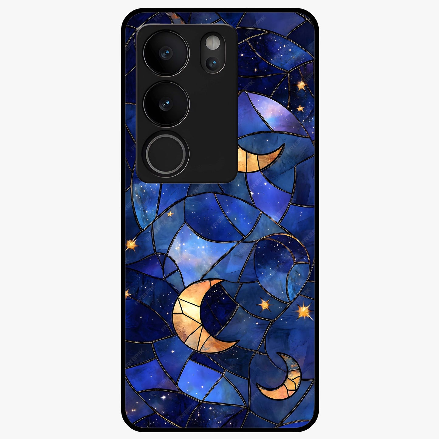 Starlit Sky Tapestry Glass Case showing flat back view with decorative starry sky tapestry artwork and glossy glass finish.