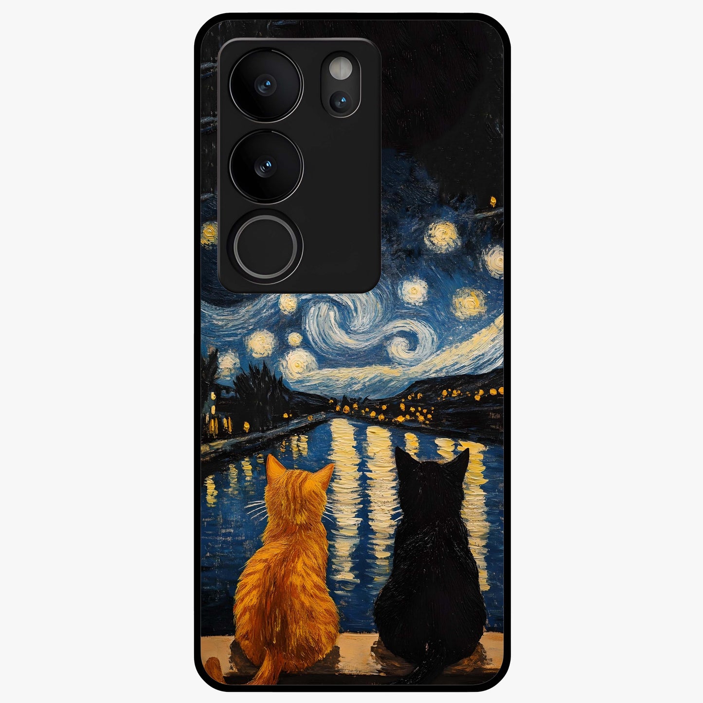 Starry River Cats Glass Case showing flat back view with cats by a starry river artwork and glossy glass finish.