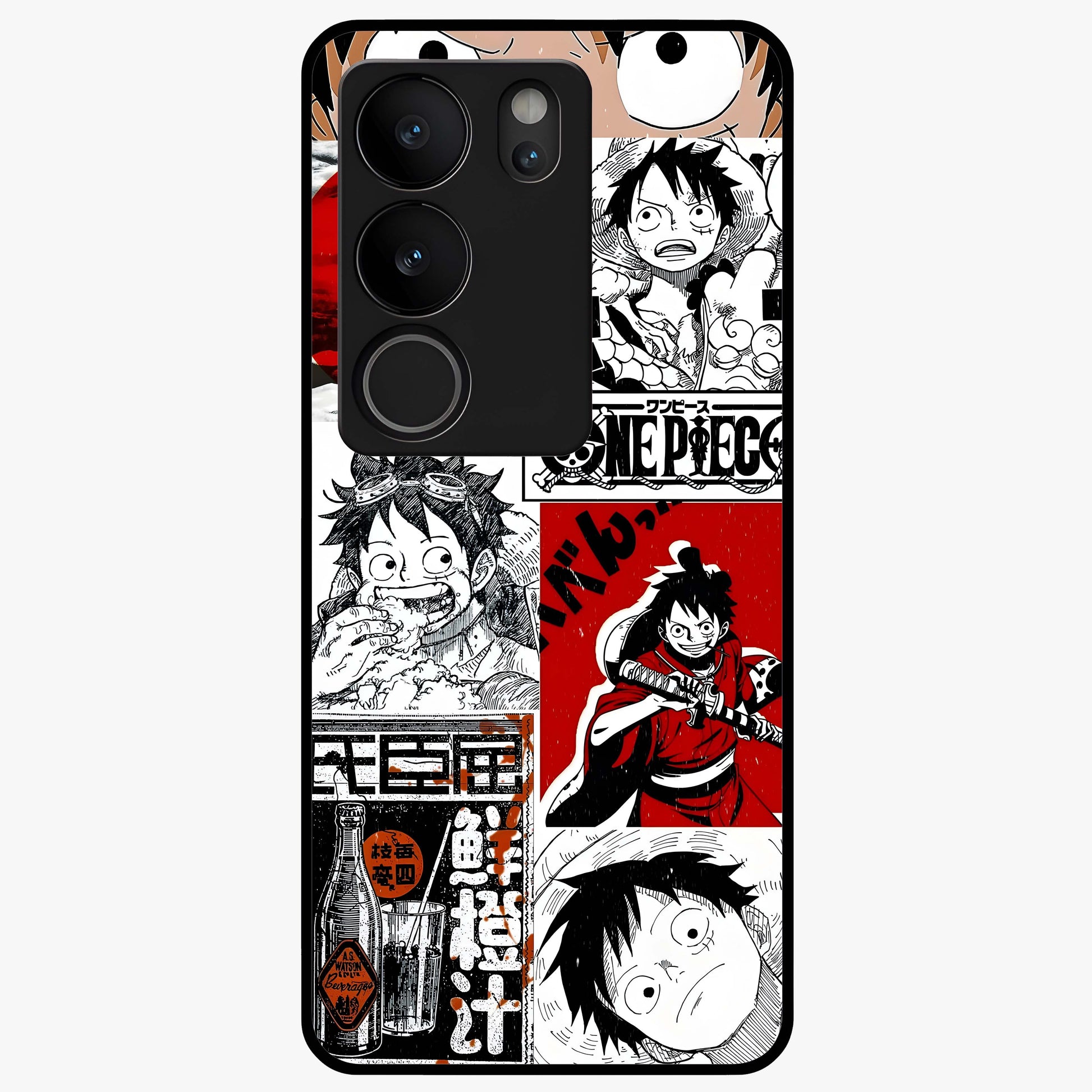 Strawhat Chaos Panels Glass Case showing flat back view with anime inspired chaos panel artwork and glossy glass finish.