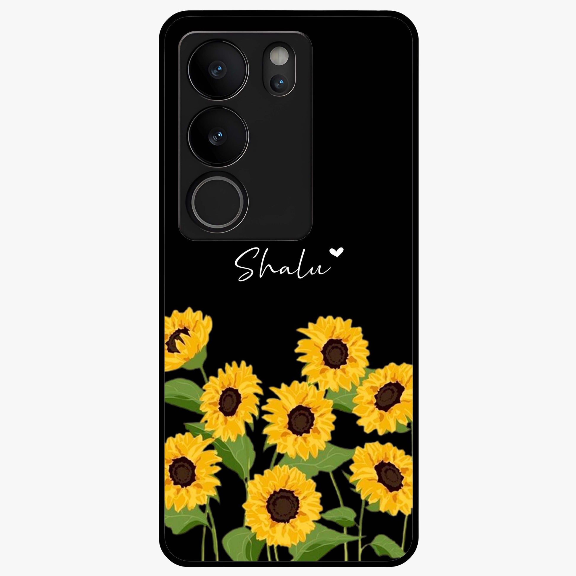 Sunflower Chic Mood Custom Name Glass Case showing flat back view with stylish sunflower artwork and personalized name design.