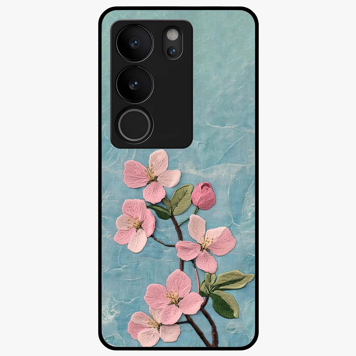 Threaded Blossom Breeze Glass Case showing flat back view with delicate blossom artwork and glossy glass finish.