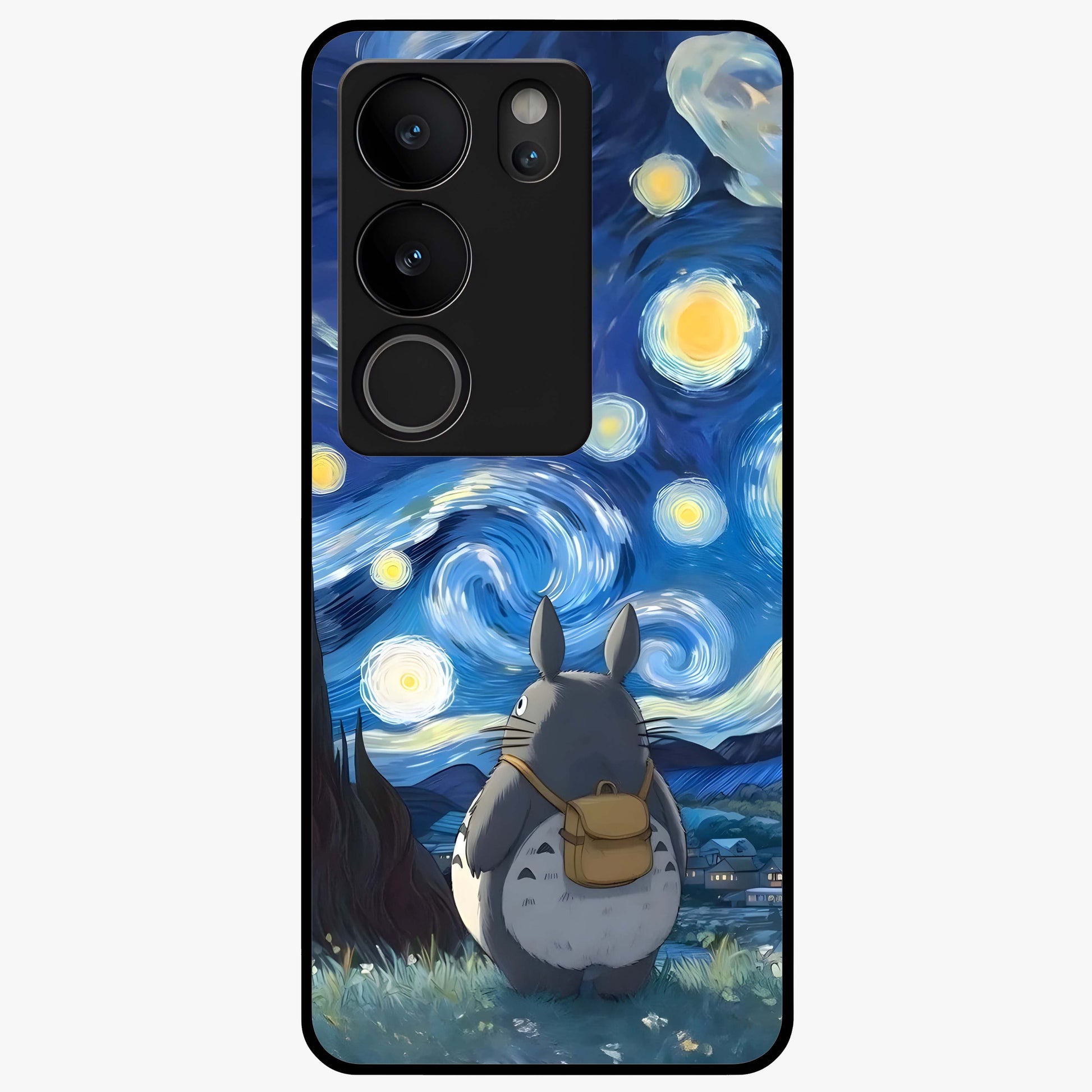 Totoro In Van Gogh Art Glass Case showing flat back view with whimsical character artwork inspired by Van Gogh style and glossy glass finish.