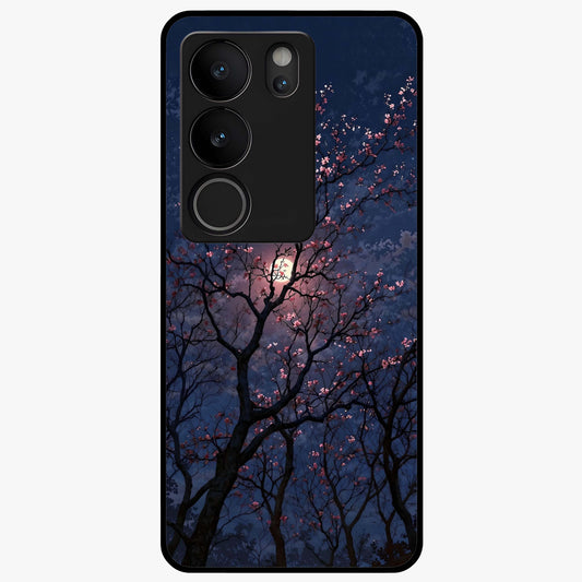Twilight Sakura Serenade Glass Case showing flat back view with cherry blossom artwork at twilight and glossy glass finish.