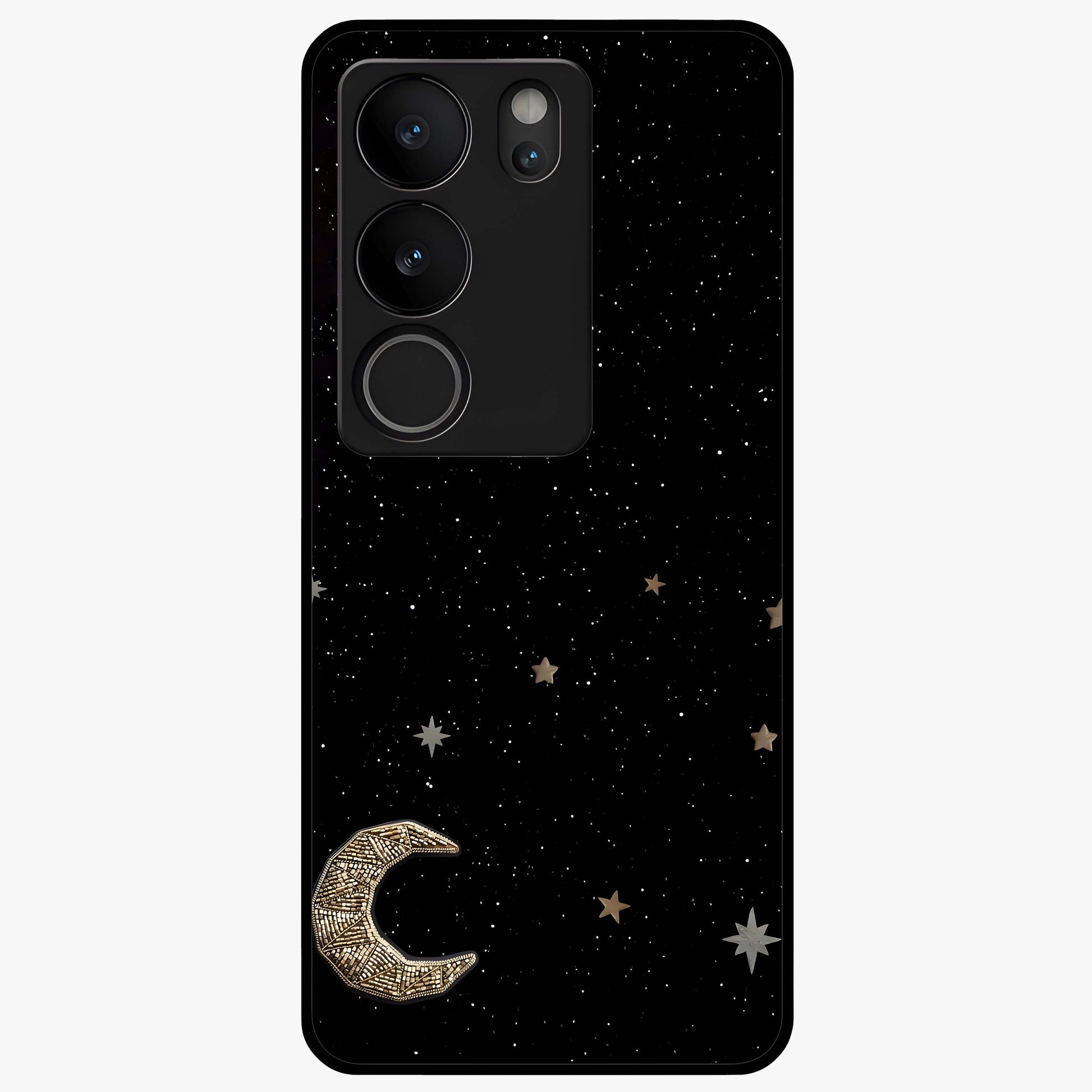 Twinkle Star With Half Moon Glass Case showing flat back view with star and half moon artwork and glossy glass finish.