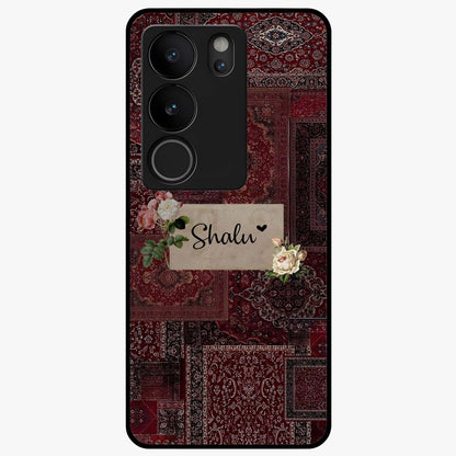 Velvet Wine Pattern Custom Name Glass Case showing flat back view with elegant wine colored pattern artwork and personalized name design.