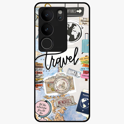 Wanderlust Journal Glass Case showing flat back view with travel inspired artwork and glossy glass finish.