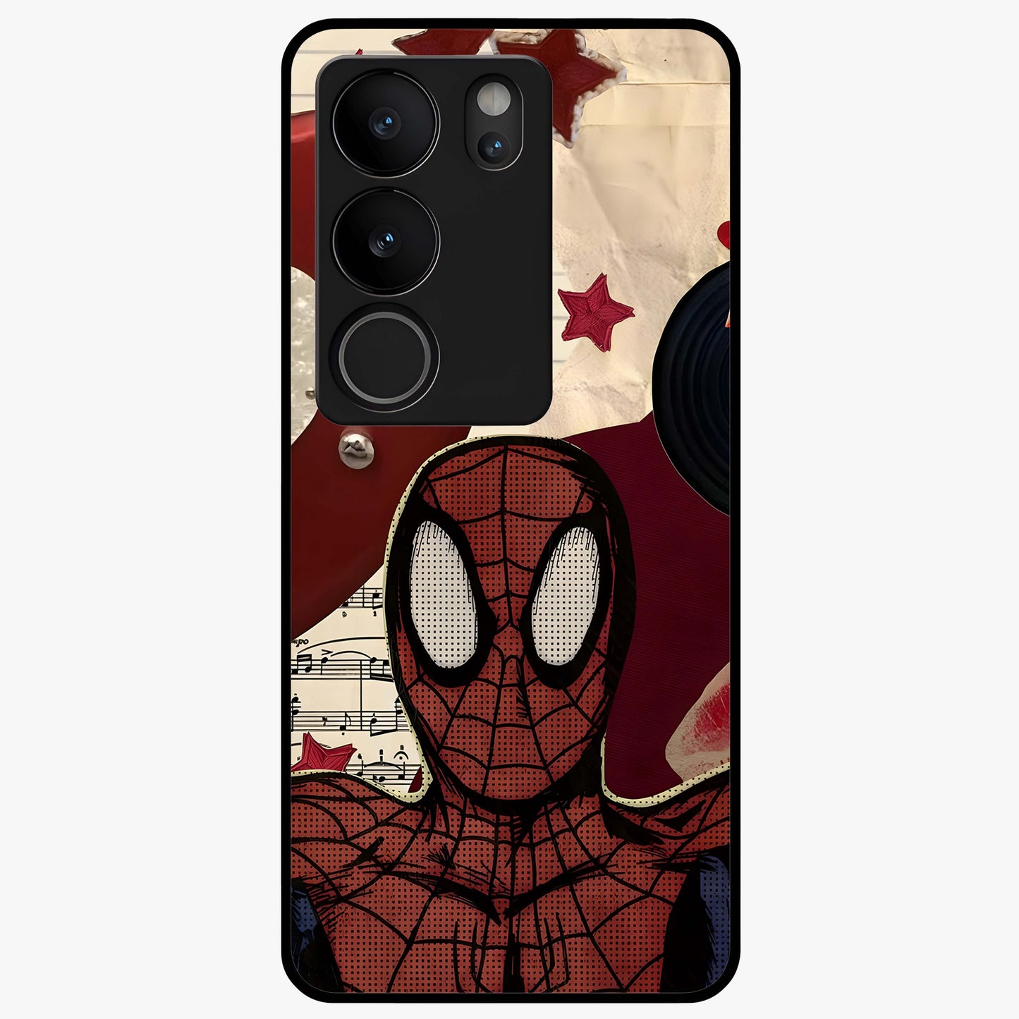 Web Warrior Vibes Glass Case showing flat back view with superhero inspired web themed artwork and glossy glass finish.