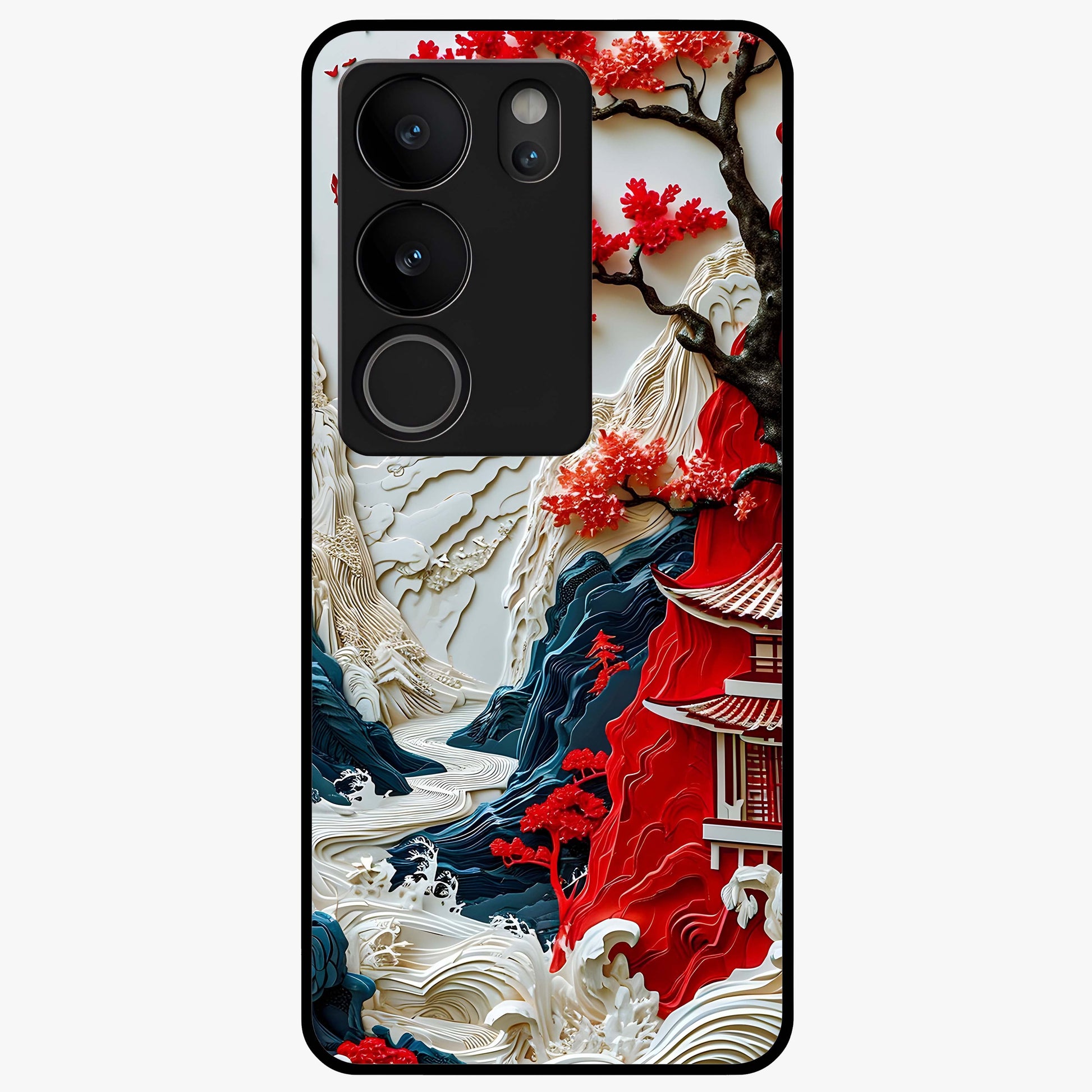 Whispers Of Sakura Waves Glass Case showing flat back view with cherry blossom wave artwork and glossy glass finish.