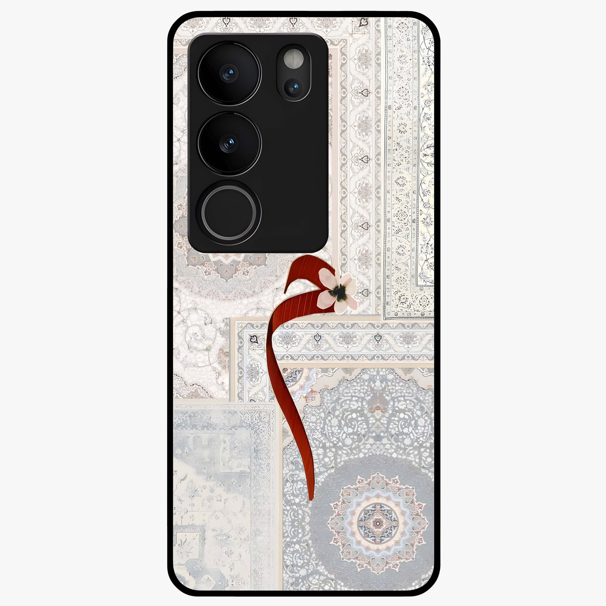 White Aesthetic Bow Glass Case showing flat back view with minimal bow artwork and glossy glass finish.