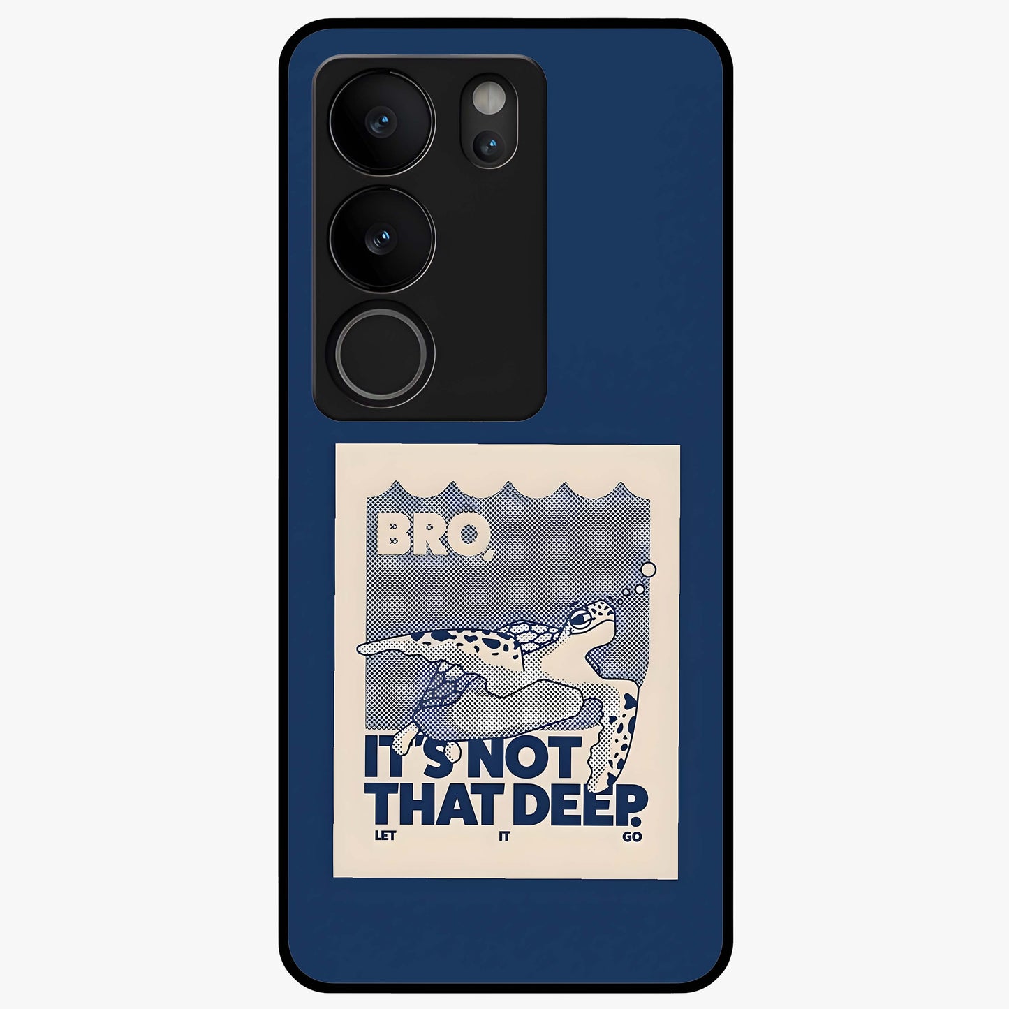 Worry Less Swim Glass Case showing flat back view with playful motivational artwork and glossy glass finish.
