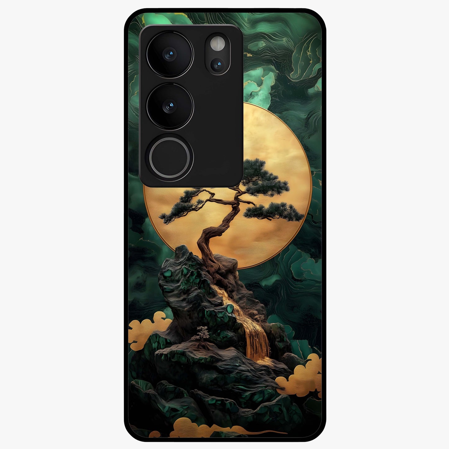 Zen Moon Rise Glass Case showing flat back view with calm moonrise artwork and glossy glass finish.