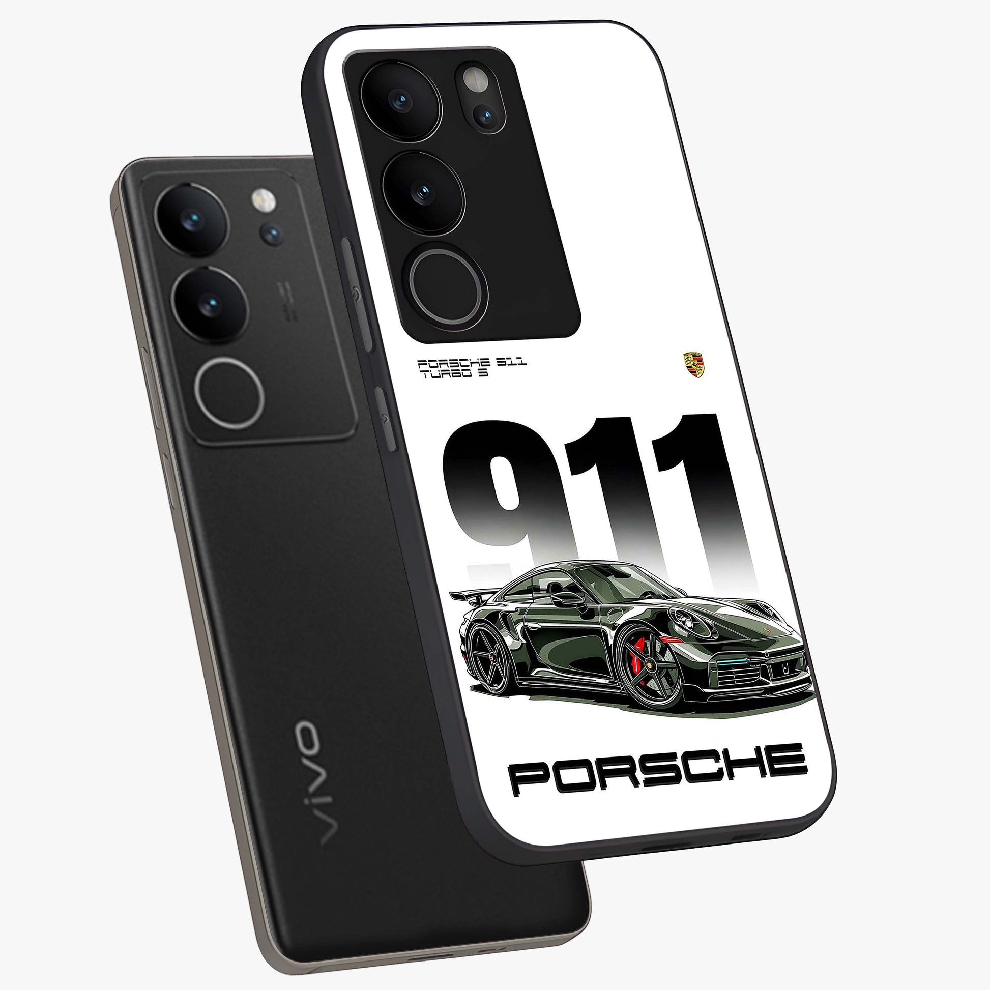 911 Turbo Dominance Glass Case displayed in premium angled mockup highlighting sporty car illustration and sleek glass surface.