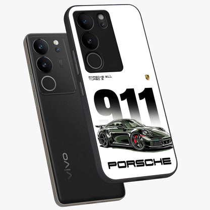 911 Turbo Dominance Glass Case displayed in premium angled mockup highlighting sporty car illustration and sleek glass surface.