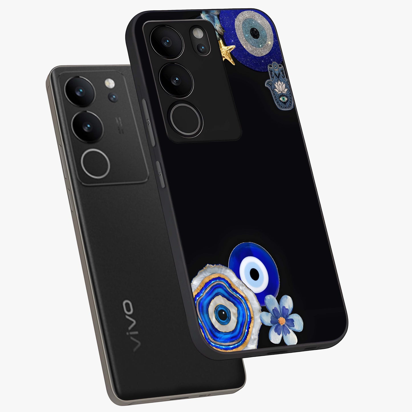 Aesthetic Blue Evil Eye Glass Case displayed in angled mockup highlighting blue evil eye symbol and spiritual aesthetic design.