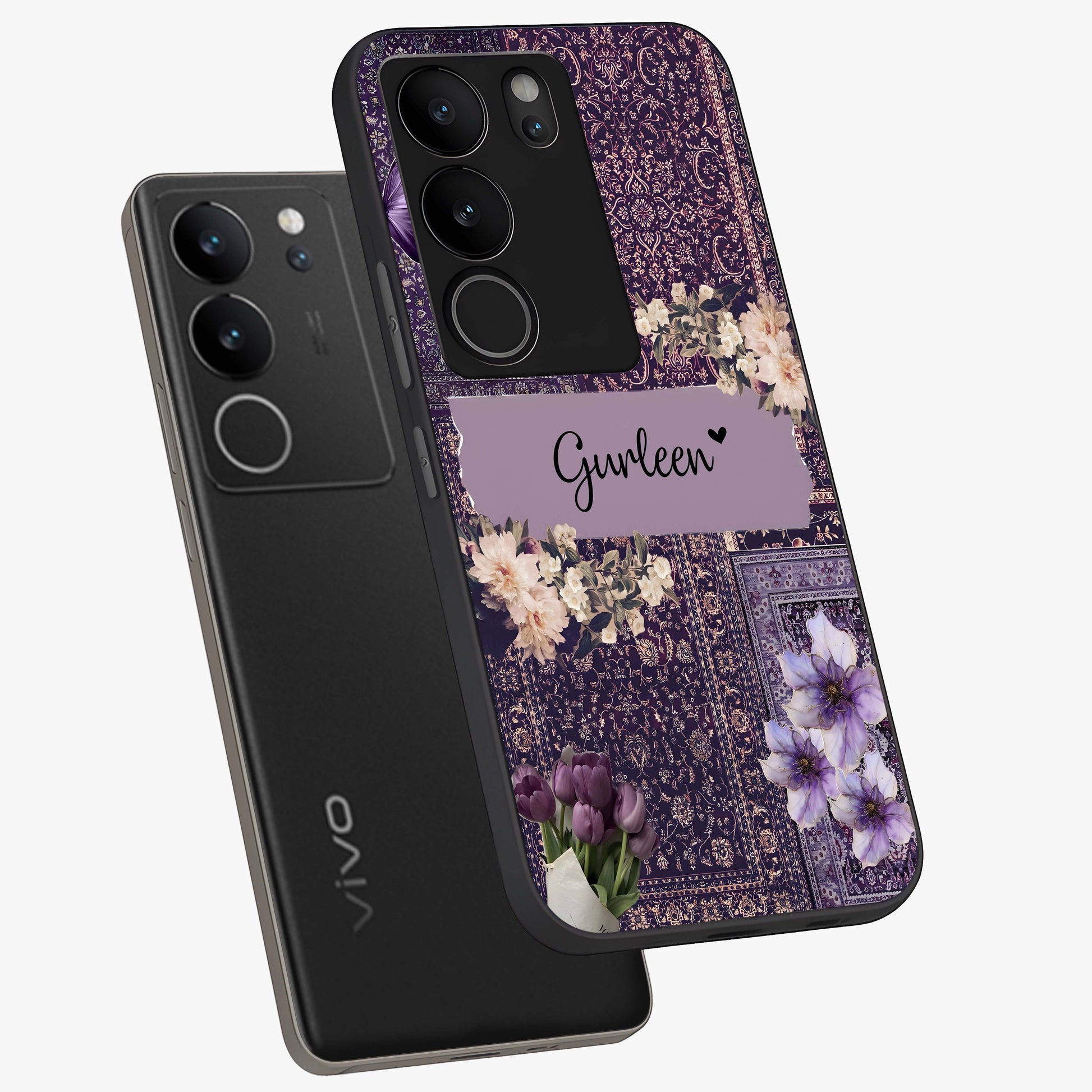Antique Floral Whisper Custom Name Glass Case displayed in angled mockup highlighting elegant antique floral aesthetic.