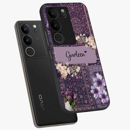 Antique Floral Whisper Custom Name Glass Case displayed in angled mockup highlighting elegant antique floral aesthetic.