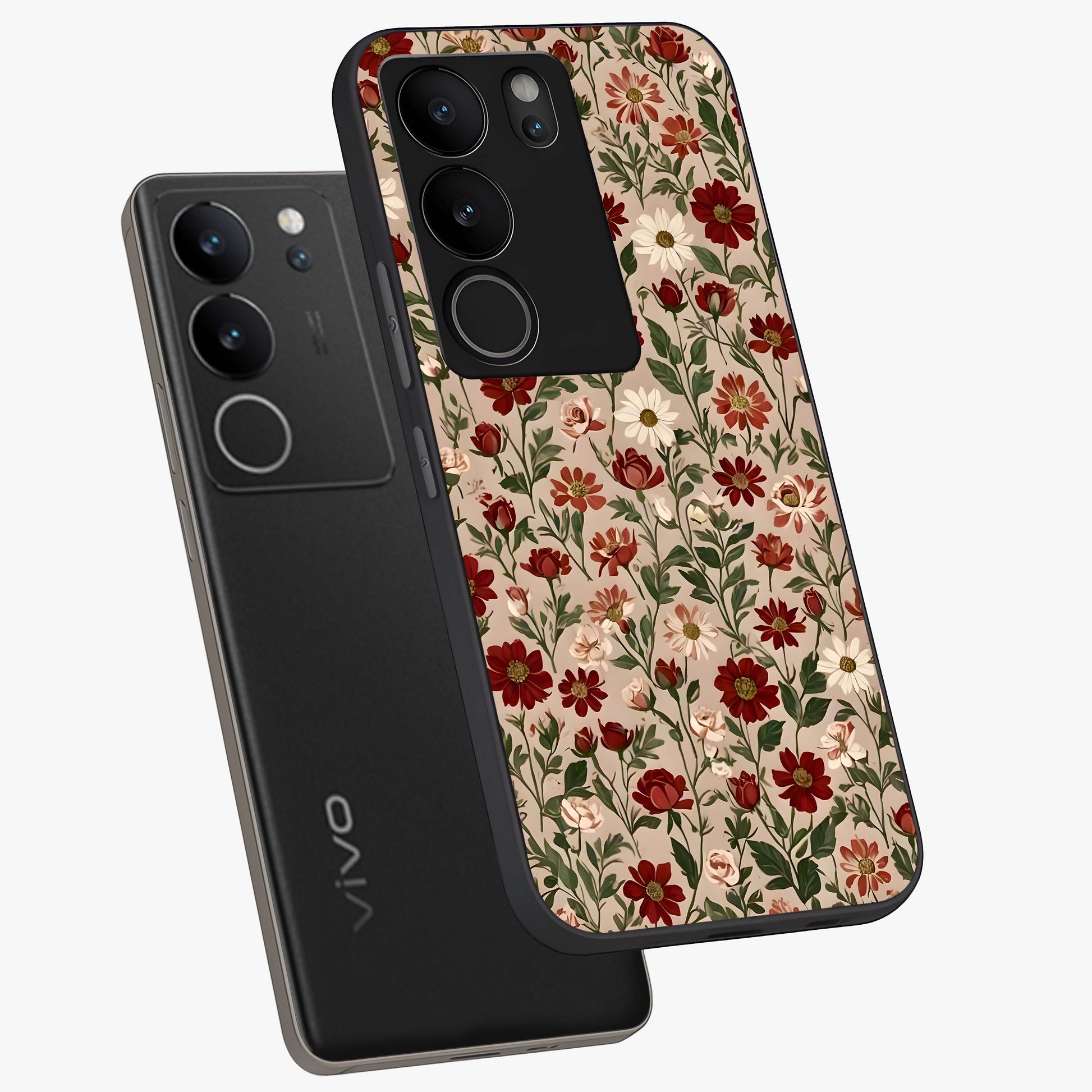 Biege Flower With Leaf Glass Case displayed in angled mockup highlighting minimal floral leaf design and elegant aesthetic.