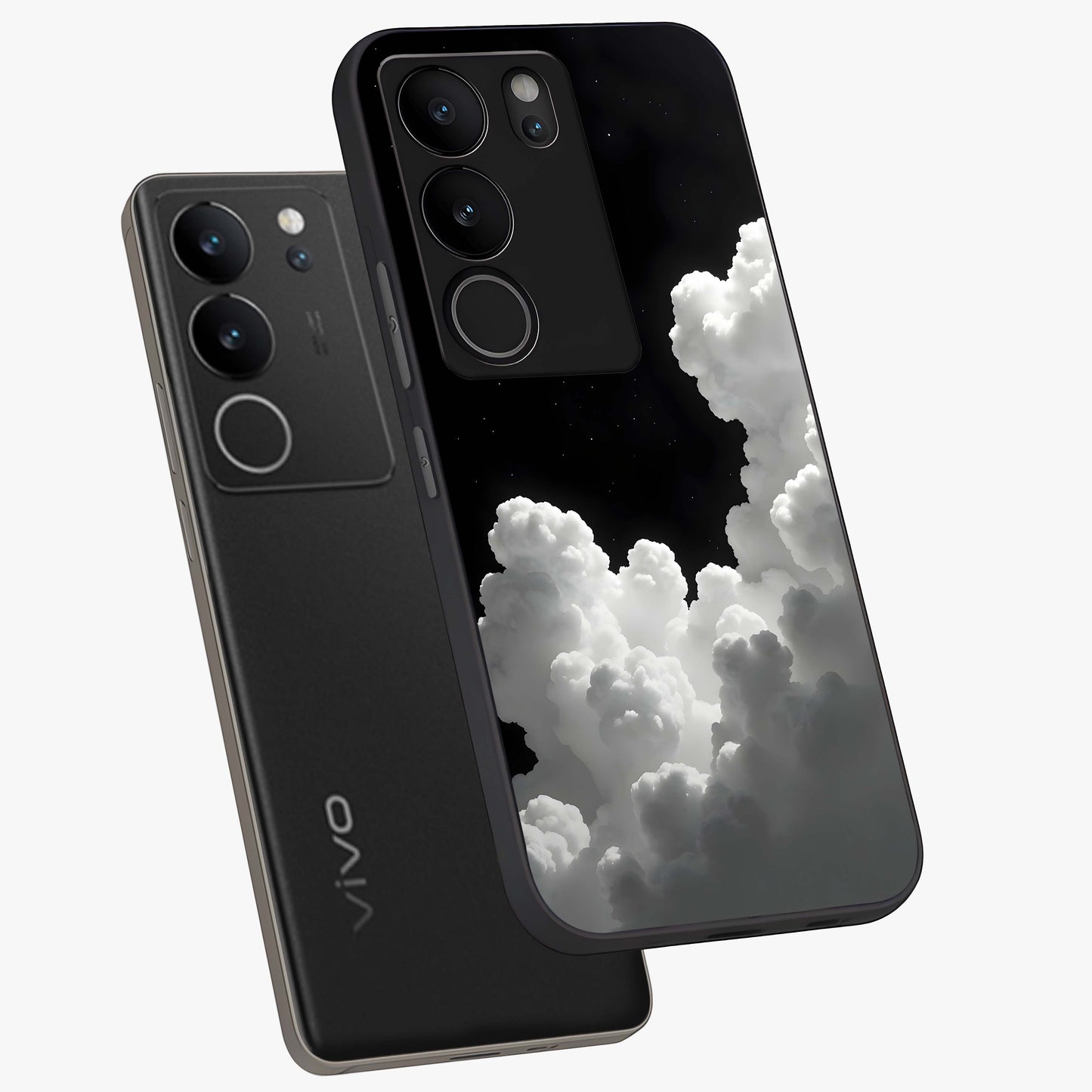 Black Background With White Cloud Glass Case displayed in angled mockup highlighting soft white cloud illustration and minimal design.