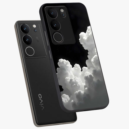 Black Background With White Cloud Glass Case displayed in angled mockup highlighting soft white cloud illustration and minimal design.