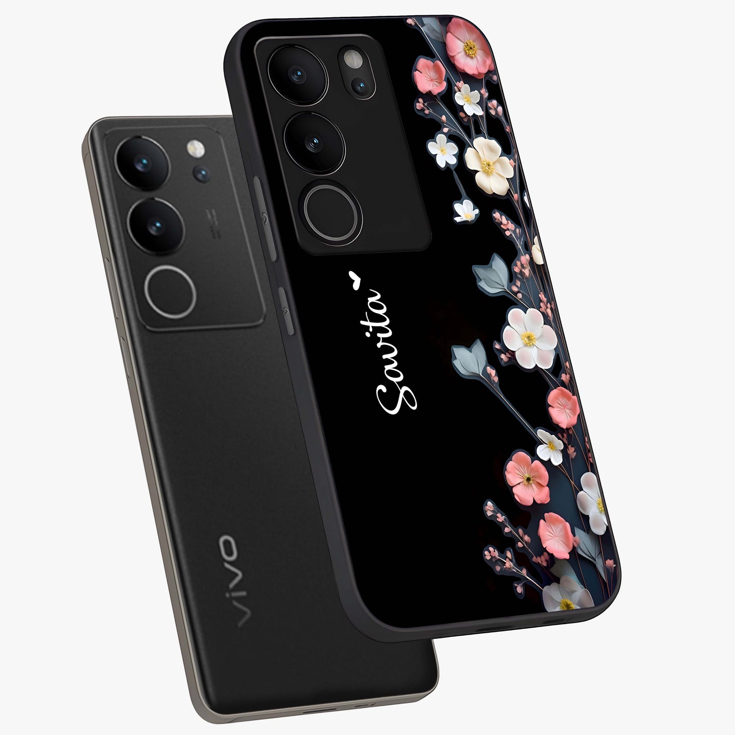 Black Elegance Floral Custom Name Glass Case displayed in angled mockup highlighting dark floral aesthetic and custom name feature.