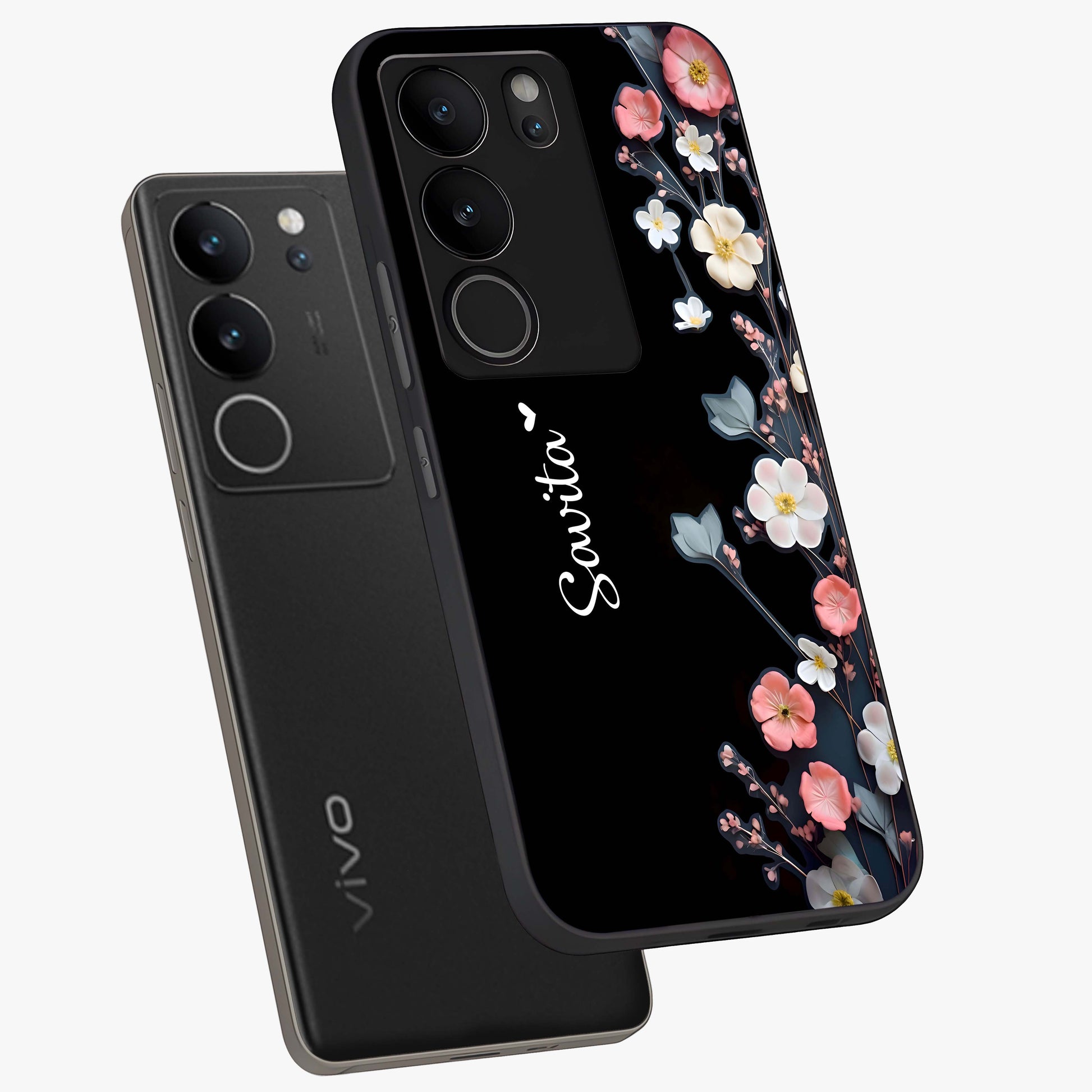 Black Elegance Floral Custom Name Glass Case displayed in angled mockup highlighting dark floral aesthetic and custom name feature.