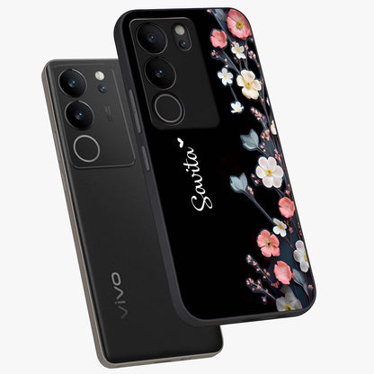 Black Elegance Floral Custom Name Glass Case displayed in angled mockup highlighting dark floral aesthetic and custom name feature.