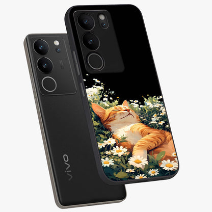 Blissful Bloom Cat Glass Case displayed in angled mockup highlighting playful feline illustration with soft floral aesthetic.