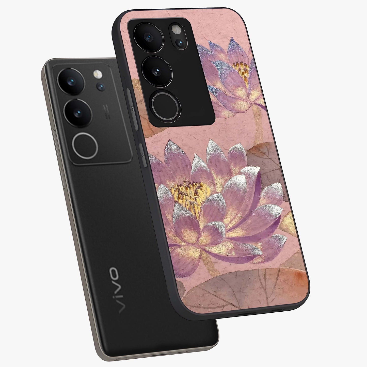Blossom Mist Lotus Glass Case displayed in angled mockup highlighting delicate lotus illustration with calm aesthetic theme.