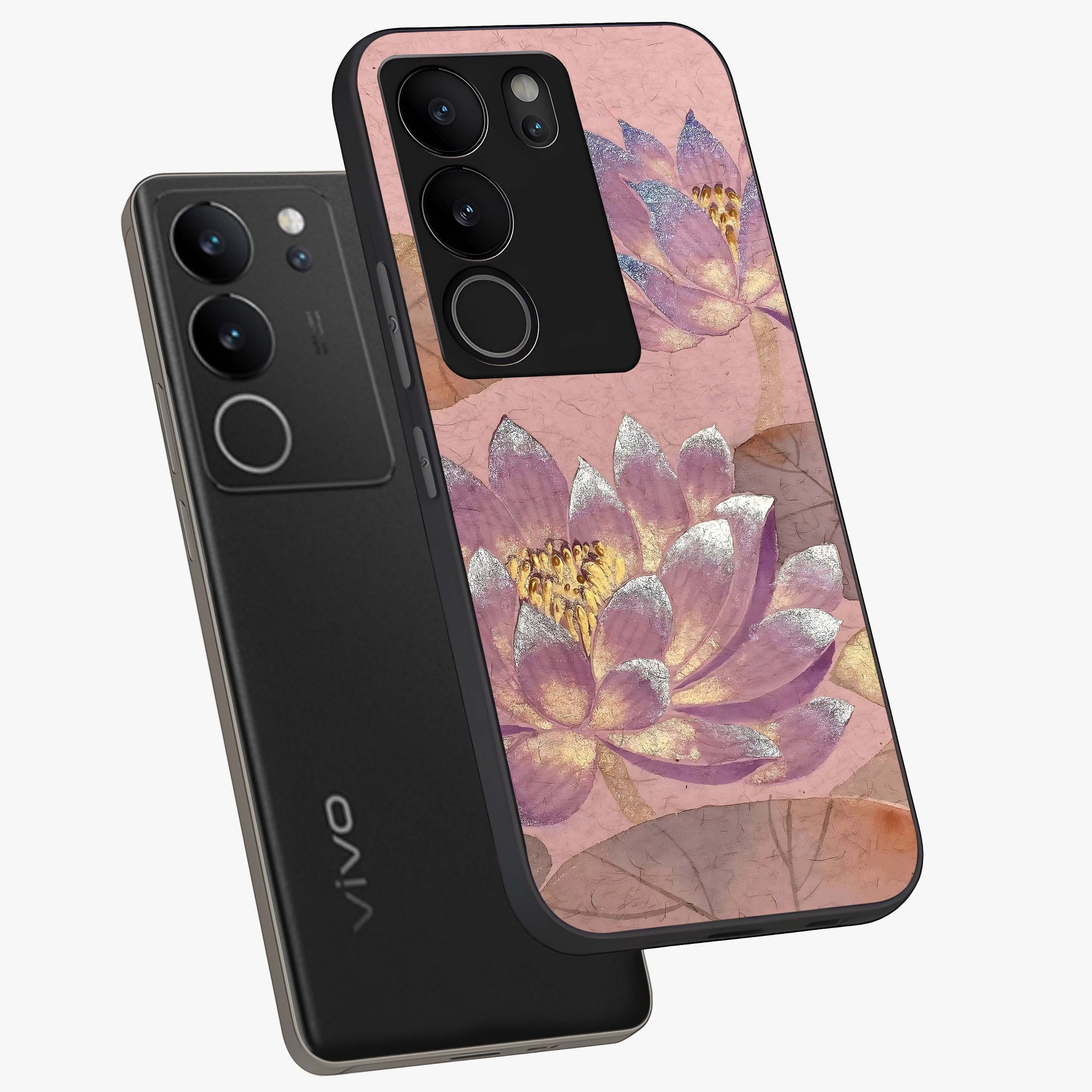 Blossom Mist Lotus Glass Case displayed in angled mockup highlighting delicate lotus illustration with calm aesthetic theme.
