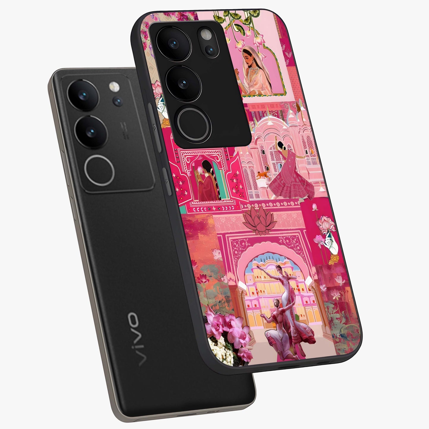 Blossoms of Rajasthan Glass Case displayed in angled mockup highlighting vibrant floral pattern with cultural aesthetic style.