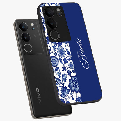 Blue Vintage Floral Pattern Glass Case displayed in angled mockup highlighting subtle bloom pattern with aesthetic pastel design.