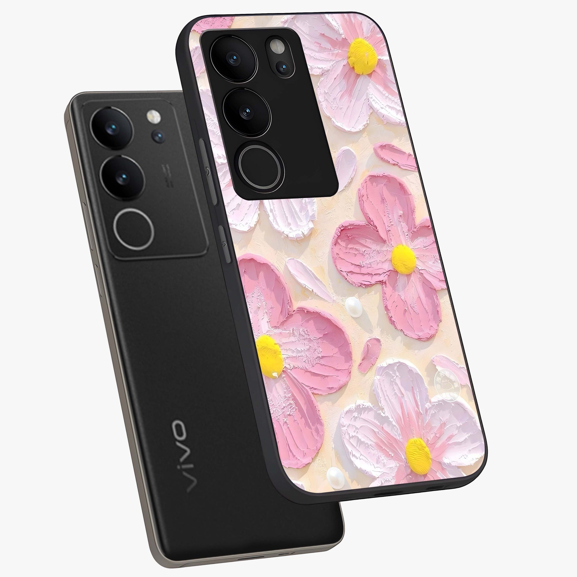 Blush Bloom Texture Glass Case displayed in angled mockup highlighting subtle bloom pattern with aesthetic pastel design.