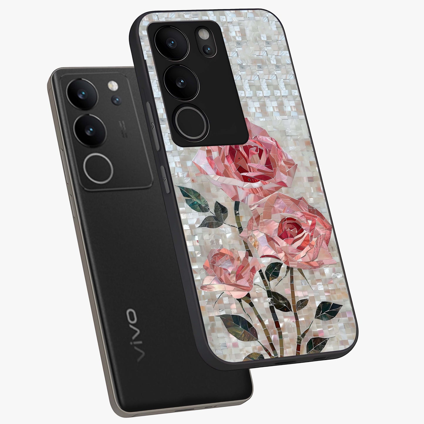 Blush Mosaic Bloom Glass Case displayed in angled mockup highlighting artistic mosaic flower pattern with aesthetic design.